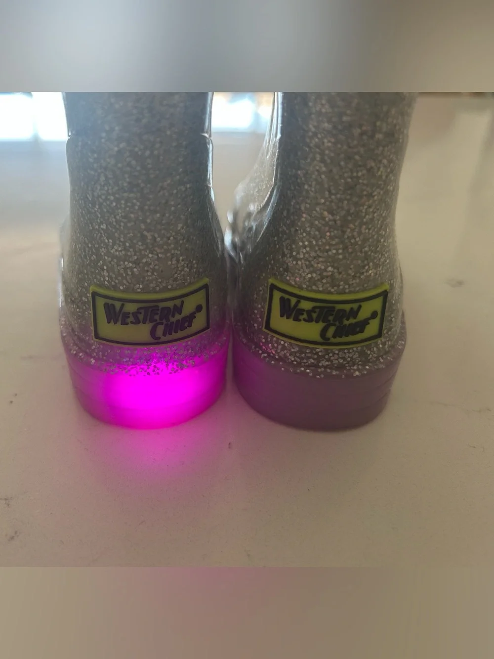 Western Chief Silver Glitter Rain Boots with Purple Soles